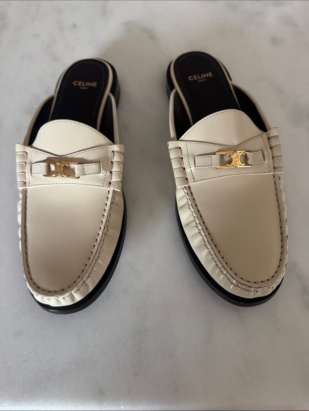 Celine Cream Leather Penny Loafers with Gold Hardware